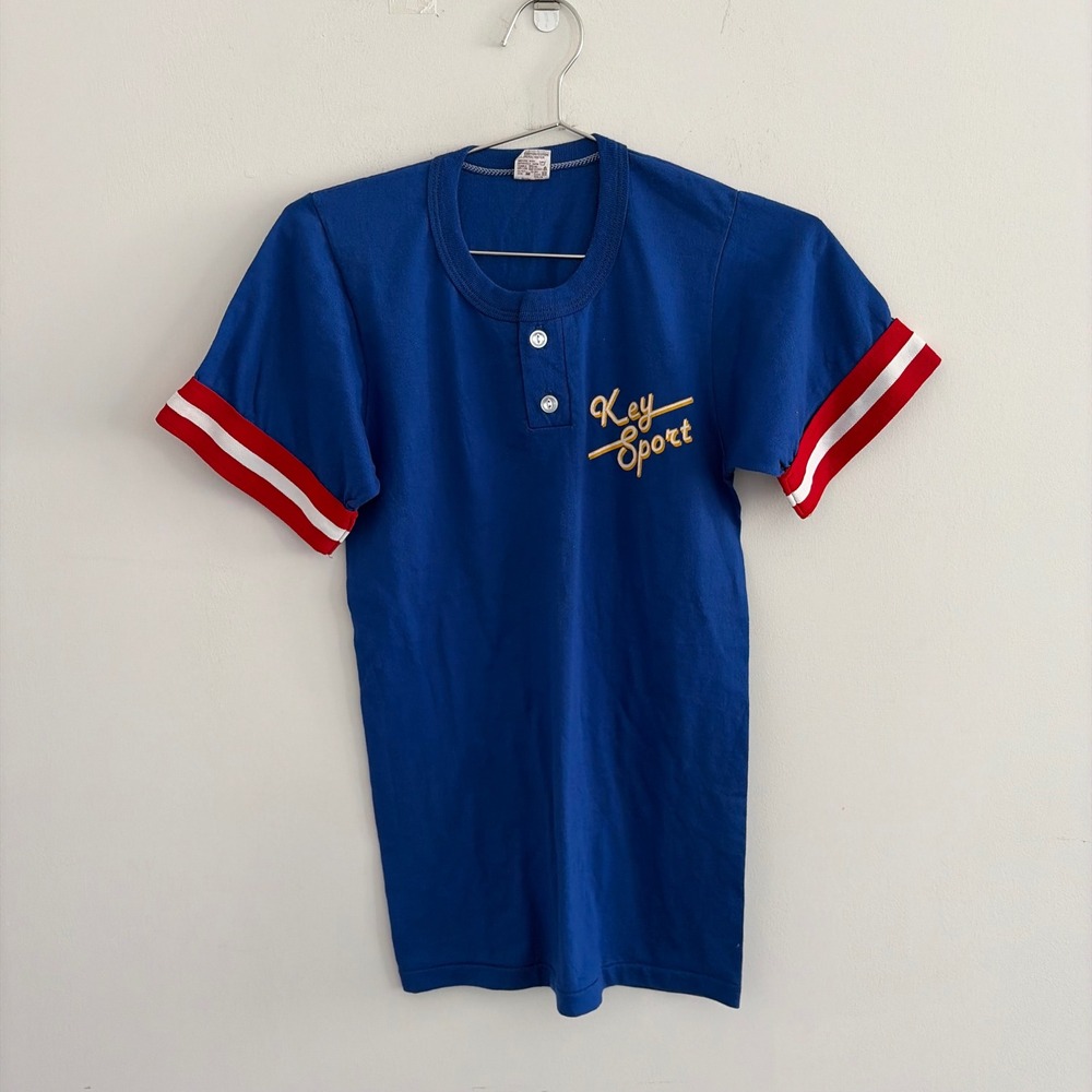 Vintage Russell Athletic Key Sport Henley Baby Tee Blue S